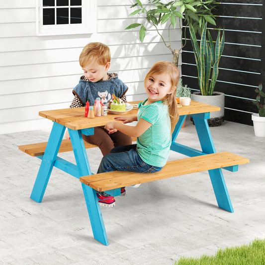 Kids Wooden Picnic Table Set | Blue & Natural Bench Seats for 4