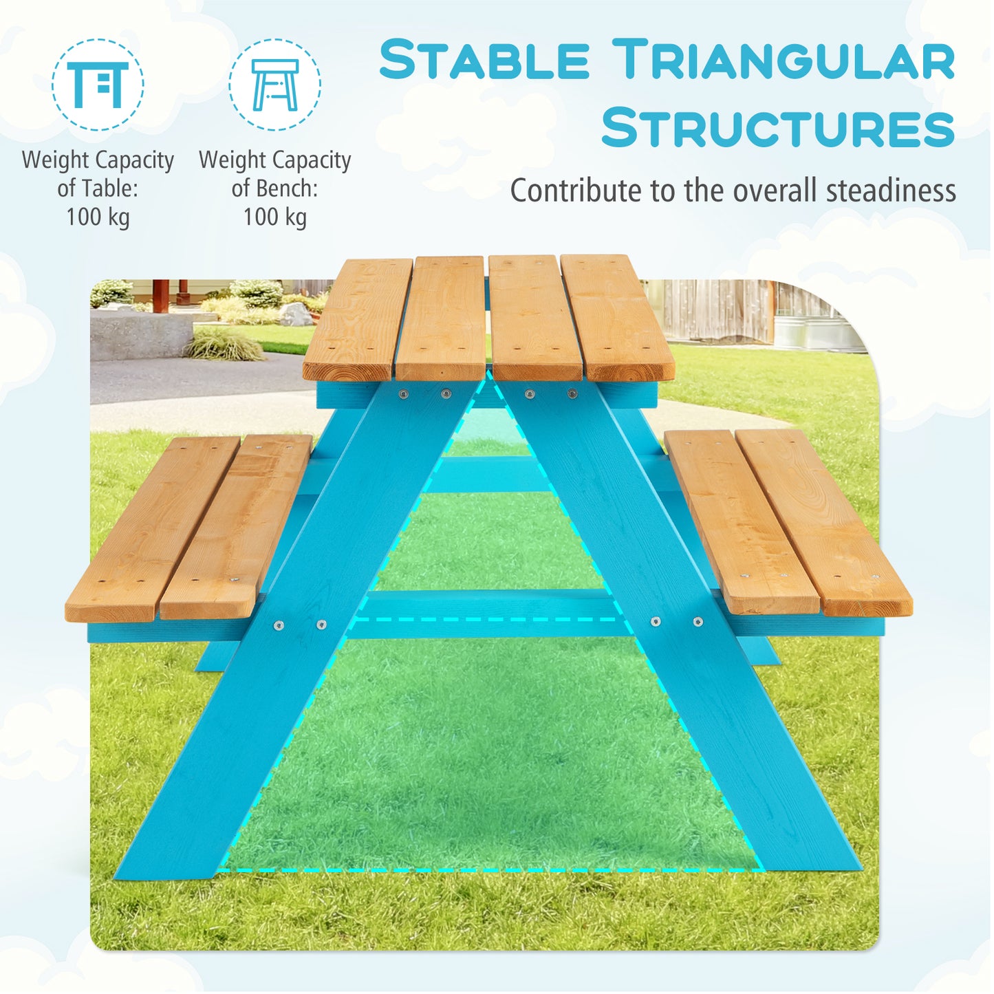 Kids Wooden Picnic Table Set | Blue & Natural Bench Seats for 4