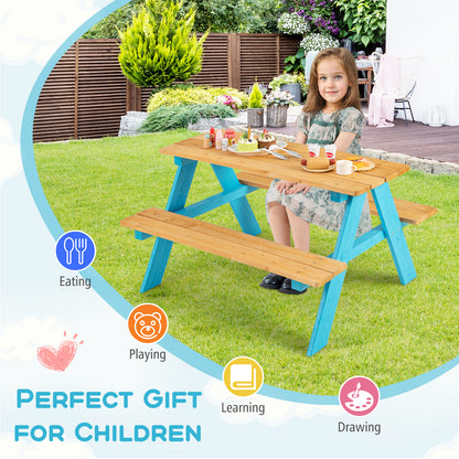 Kids Wooden Picnic Table Set | Blue & Natural Bench Seats for 4