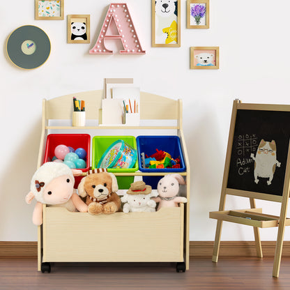 Kids Wooden Storage Cabinet with Rolling Casters Book Shelf Organizer-Natural