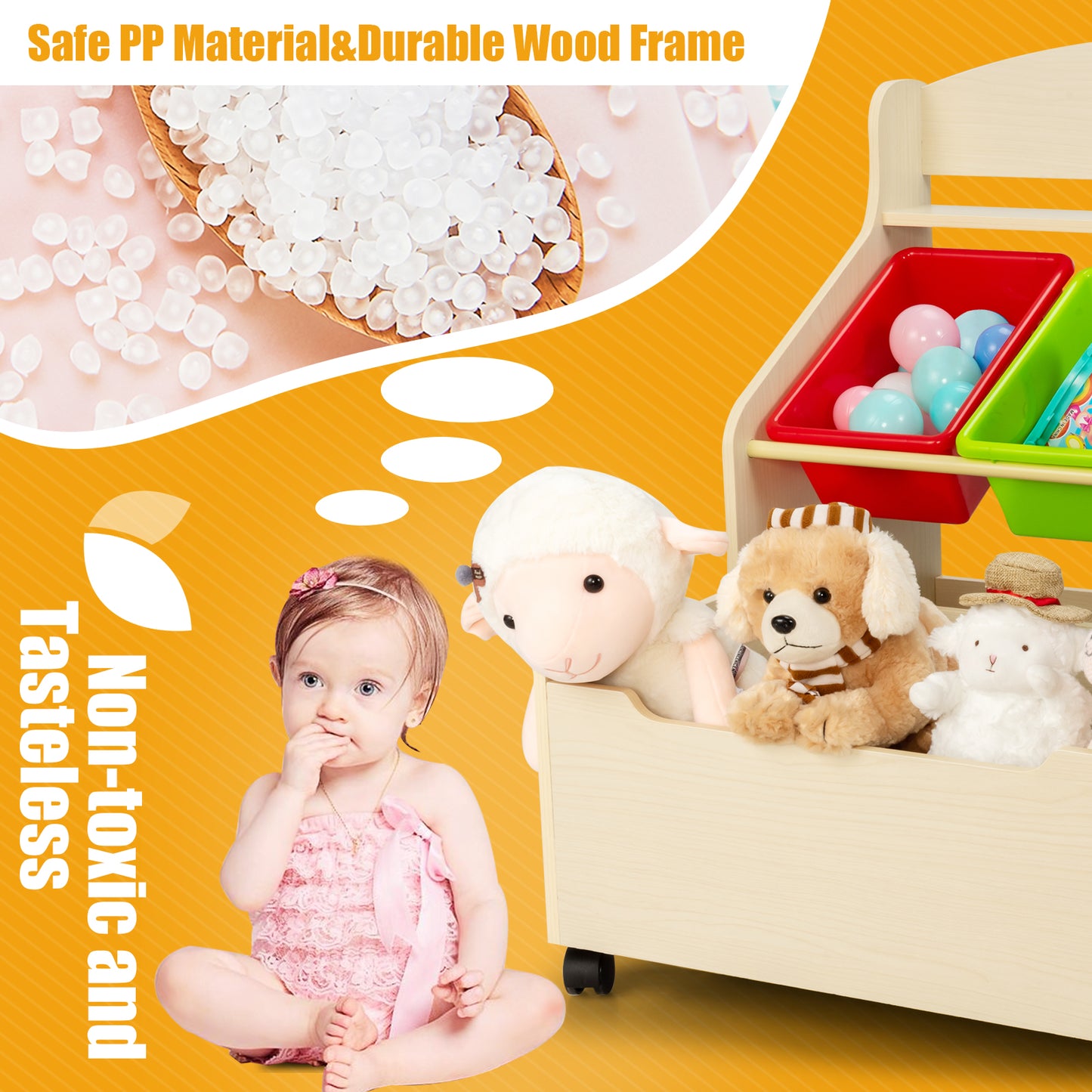 Kids Wooden Storage Unit | Rolling Wheels | Natural Color