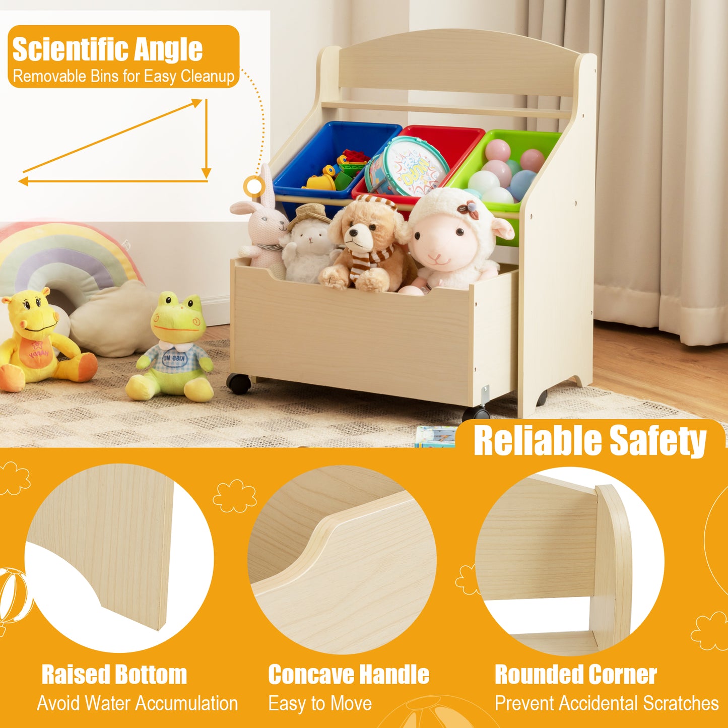 Kids Wooden Storage Unit | Rolling Wheels | Natural Color