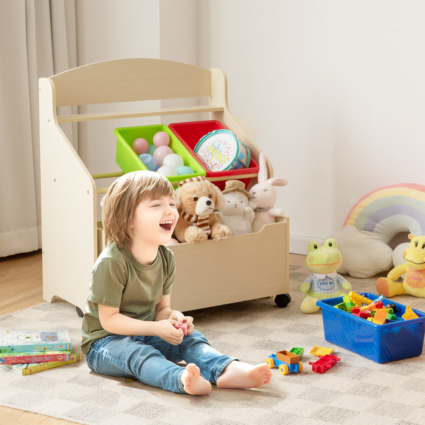 Kids Wooden Storage Unit | Rolling Wheels | Natural Color