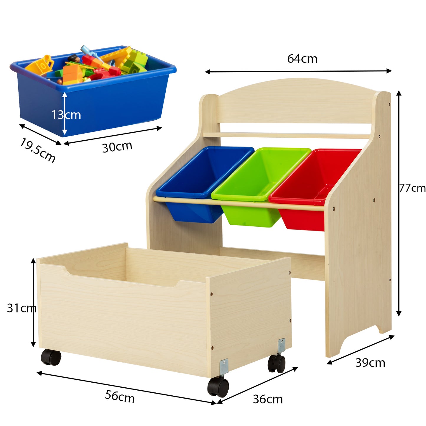 Kids Wooden Storage Unit | Rolling Wheels | Natural Color