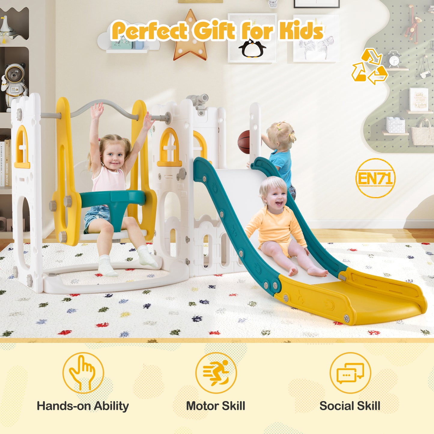 7 In 1 L Shaped Toddler Swing Slide Set | Yellow Green White