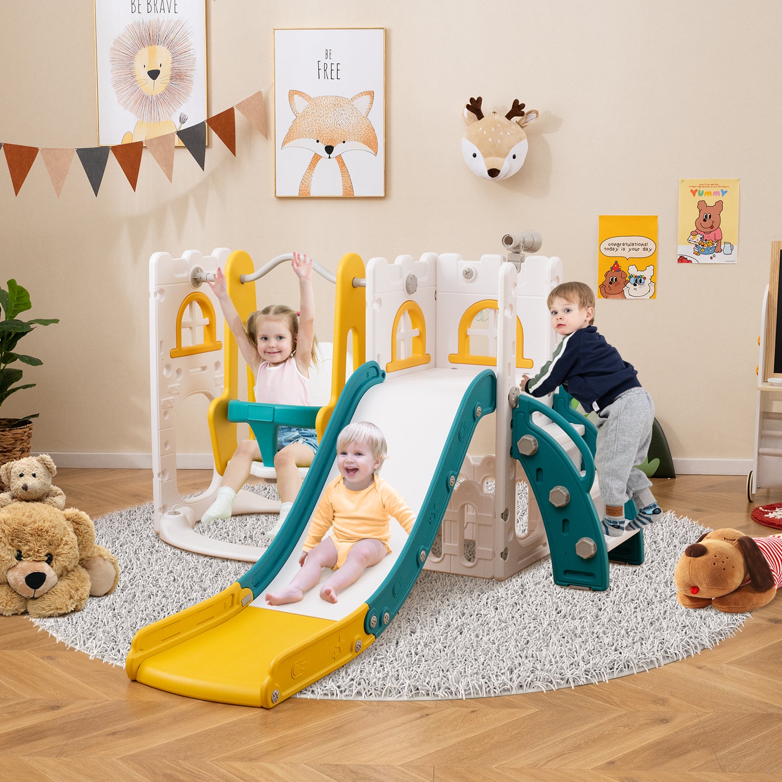 7-in-1 L-shaped Toddler Swing and Slide Set with Swing with Fillable Base-Yellow
