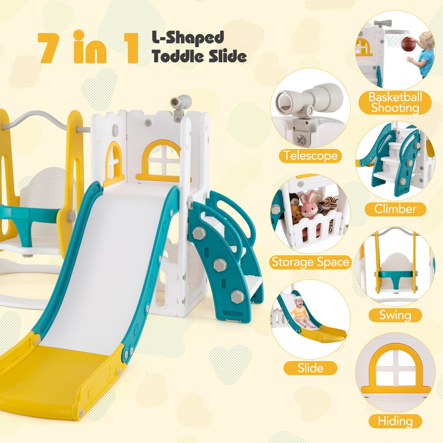 7 In 1 L Shaped Toddler Swing Slide Set | Yellow Green White