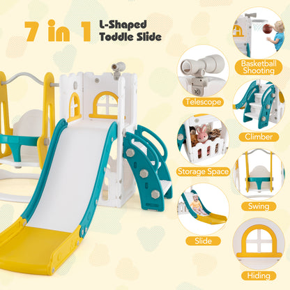 7 In 1 L Shaped Toddler Swing Slide Set | Yellow Green White