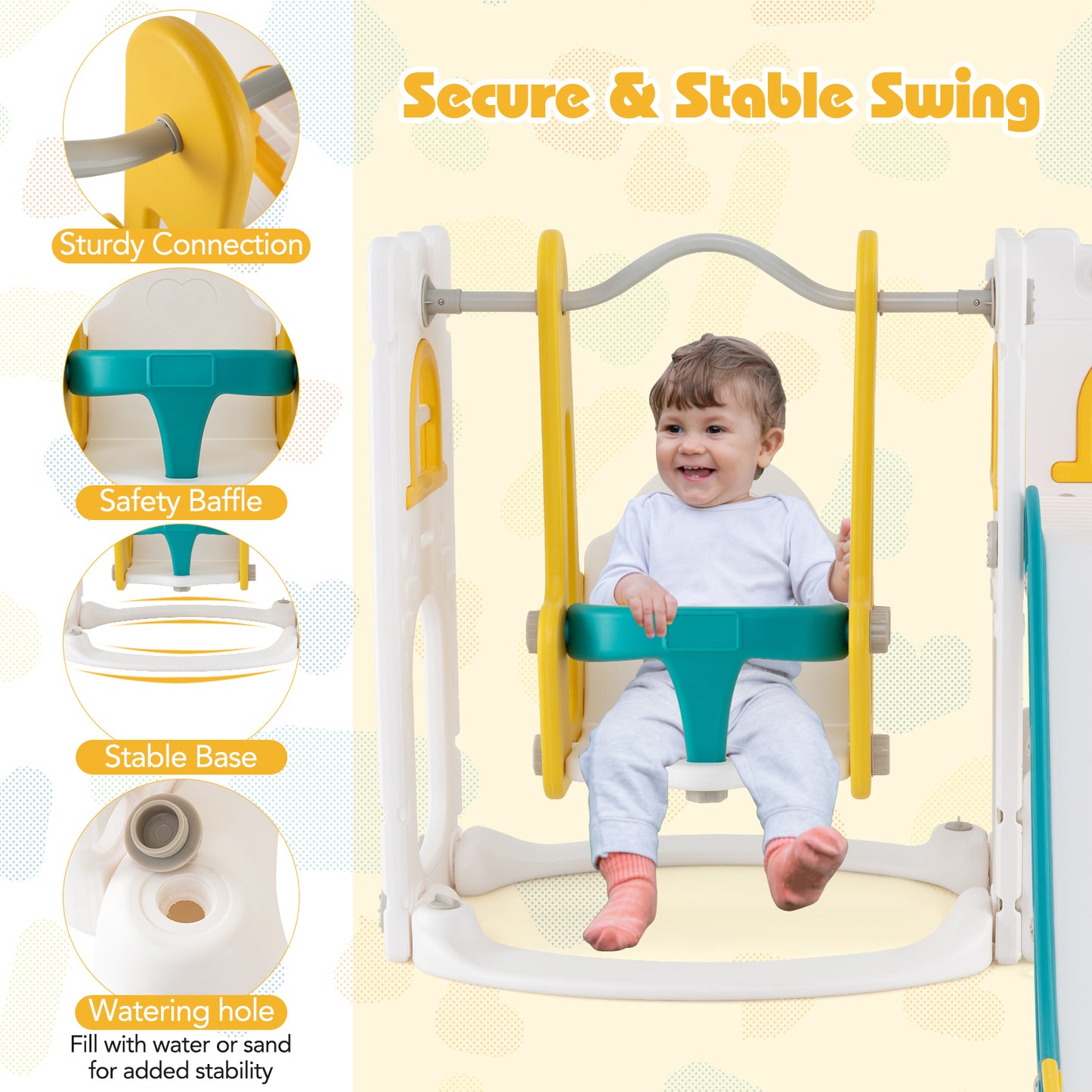 7 In 1 L Shaped Toddler Swing Slide Set | Yellow Green White