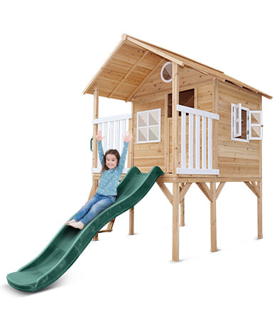 Archie Elevated Cubby House with Green Slide for backyard play and imaginative fun.