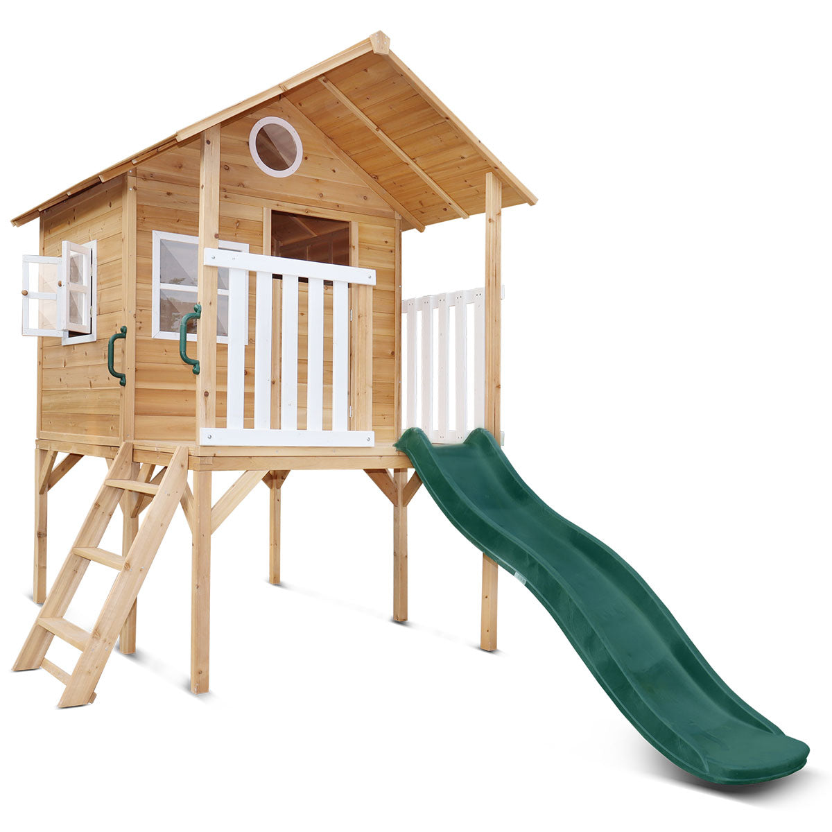 Lifespan Kids Archie Cubby House with Green Slide for backyard play and adventures.