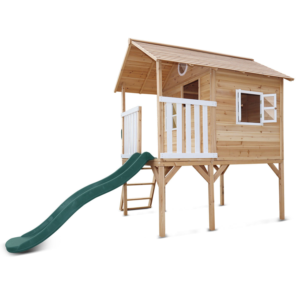 Archie Elevated Cubby House with Green Slide for backyard play and adventure.