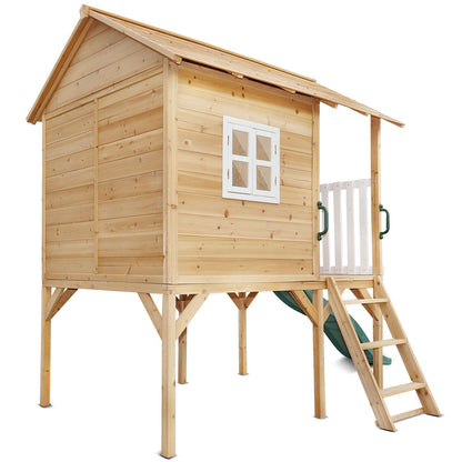 Lifespan Kids Archie Elevated Cubby House with Green Slide for backyard playtime fun.