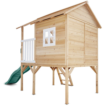 Lifespan Kids Archie Elevated Cubby House with Green Slide for backyard imaginative play.