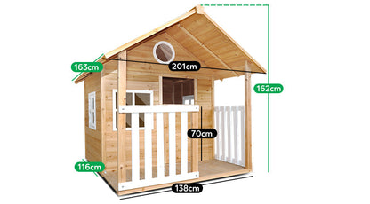 Archie Wooden Cubby House offers outdoor play fun for kids in a backyard setting.