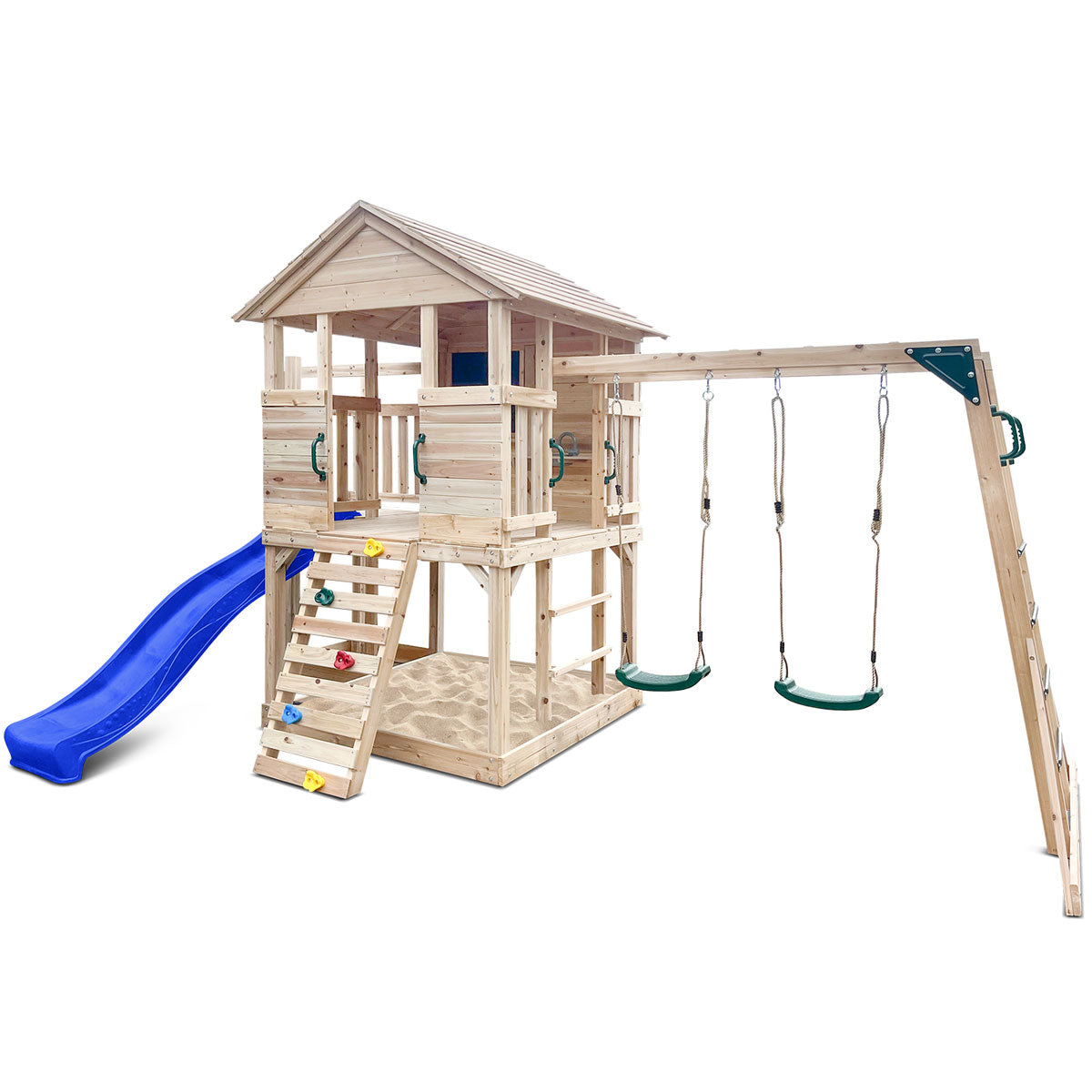 Wooden Kingston playhouse featuring a vibrant blue slide, perfect for outdoor adventures and imaginative play.