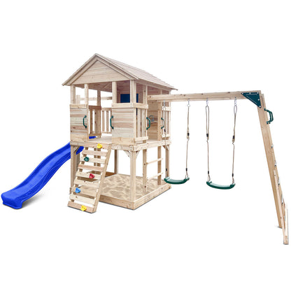 Wooden Kingston playhouse featuring a vibrant blue slide, perfect for outdoor adventures and imaginative play.