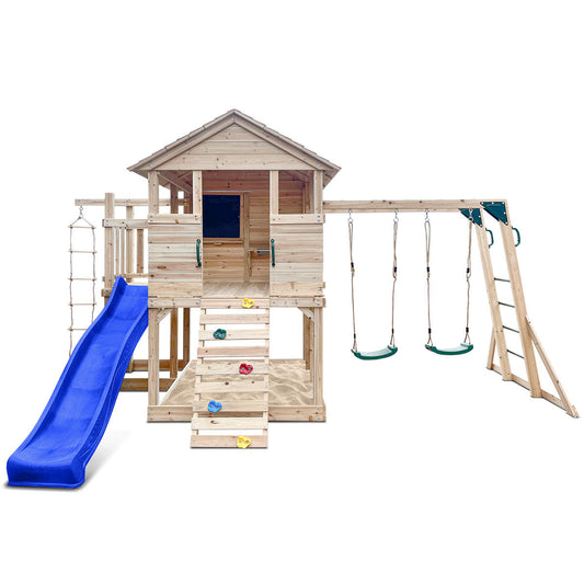 Kingston wooden playhouse featuring a tall blue slide for outdoor backyard fun and adventure.