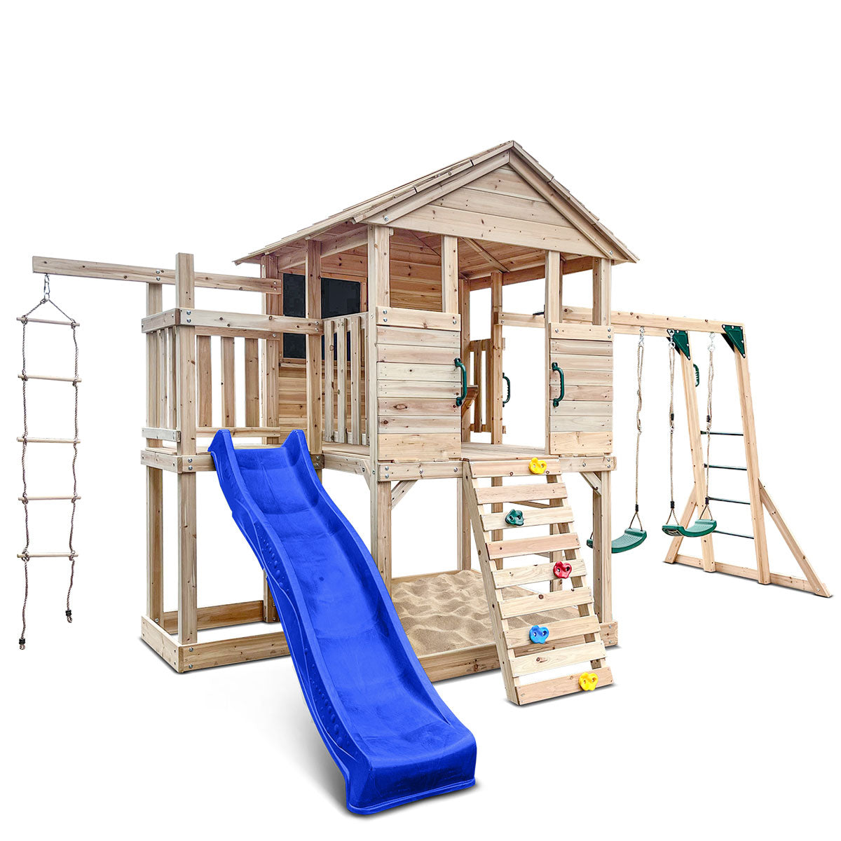 Wooden Kingston playhouse features a spacious cubby design and thrilling 2.2-meter blue slide for outdoor fun.