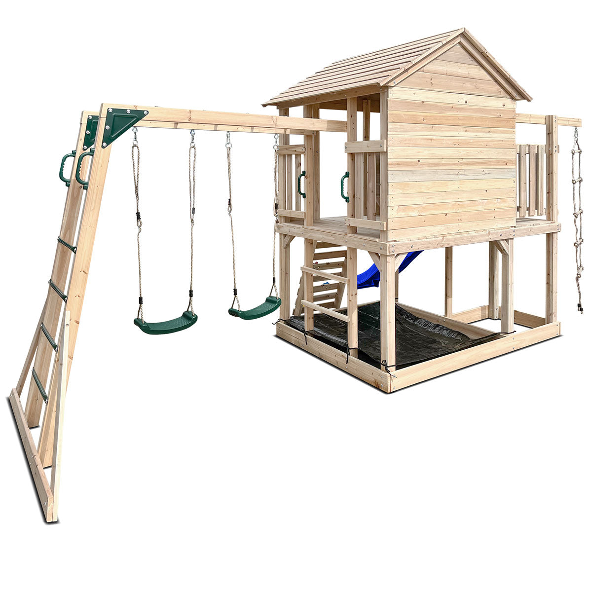 Kingston wooden playhouse features a vibrant blue 2.2m slide, perfect for outdoor fun and imaginative play.