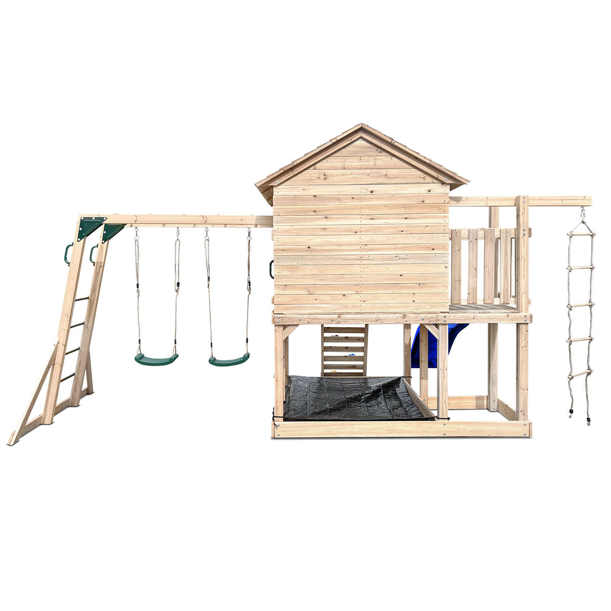 Kingston wooden playhouse with blue slide offers outdoor fun and imaginative play for children.