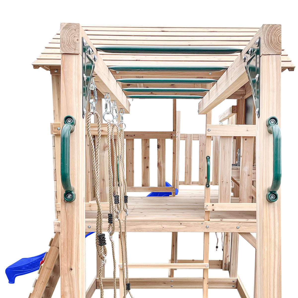 Kingston wooden cubby house with blue slide offers outdoor fun and imaginative play for kids.