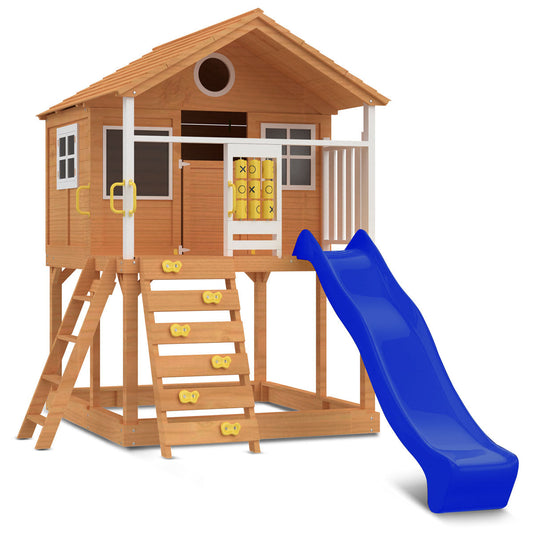 Beachside-themed Warrigal Cubby House features a blue slide, offering outdoor fun and imaginative play for children.