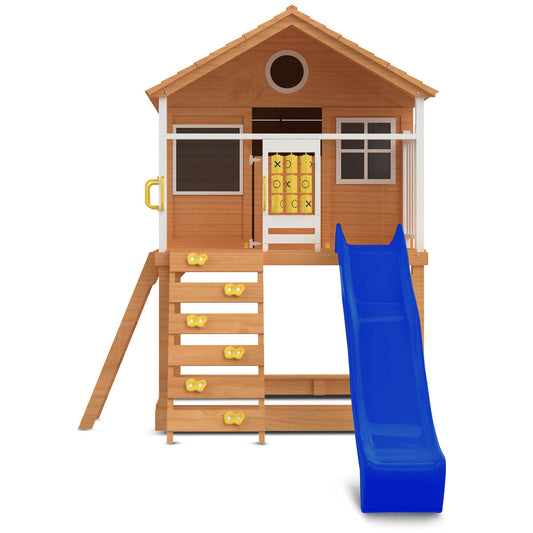 Beachside-themed Warrigal Cubby House features a blue slide, providing outdoor fun and imaginative play for children.