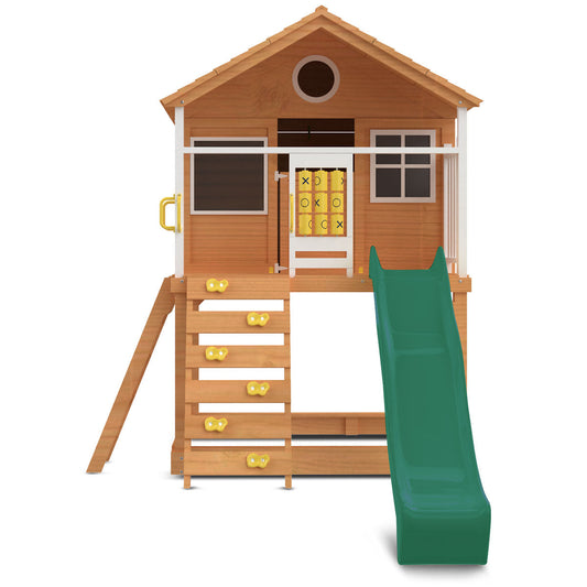 Vibrant beach-themed Warrigal Cubby House playhouse featuring a green slide and coastal design elements for outdoor fun.