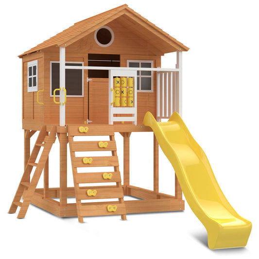 Beach-themed Warrigal Cubby House features a yellow slide, promoting outdoor play and imagination.