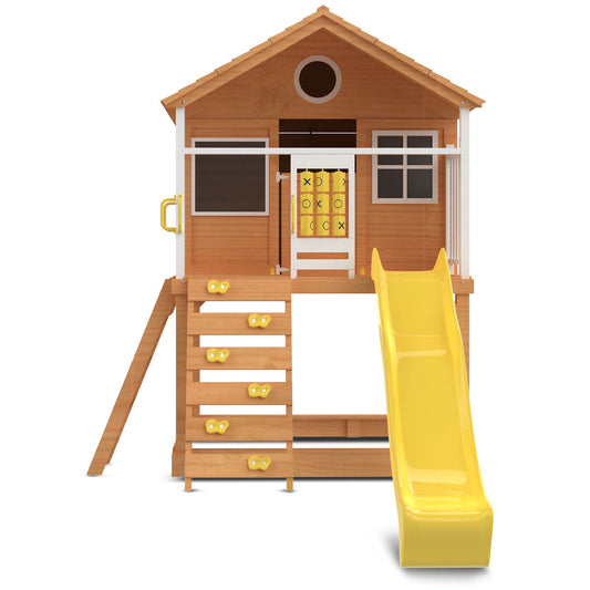 Vibrant beach-themed Warrigal playhouse features a yellow slide and cozy cubby design for outdoor fun.