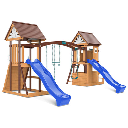 Backyard playset with two raised playhouses and blue slides