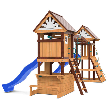 Step ladder and rock-climbing wall leading to Armadale Play Centre's upper fort.