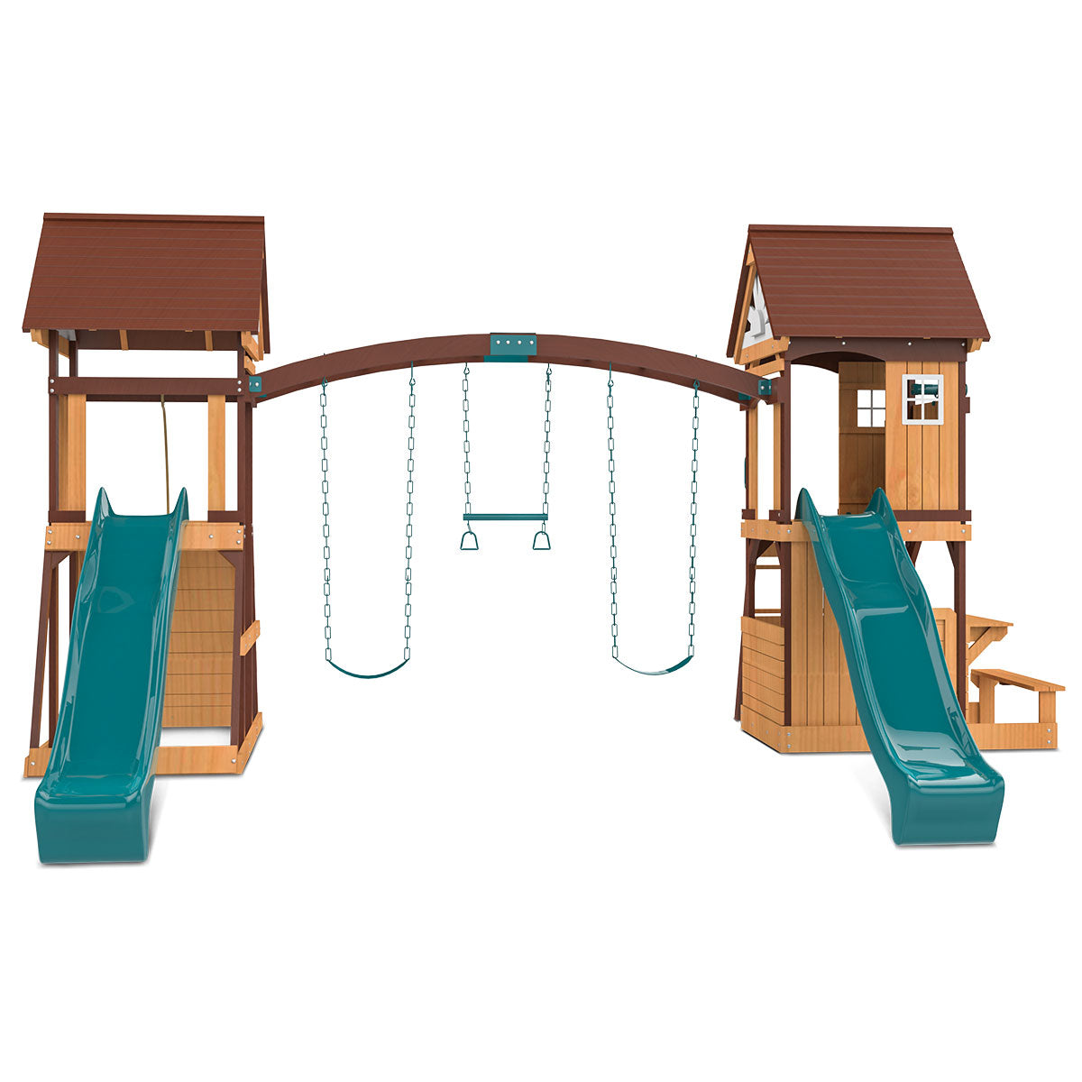 Backyard playset with dual green slides and two raised playhouses