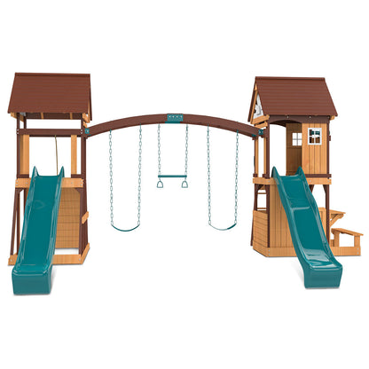 Backyard playset with dual green slides and two raised playhouses