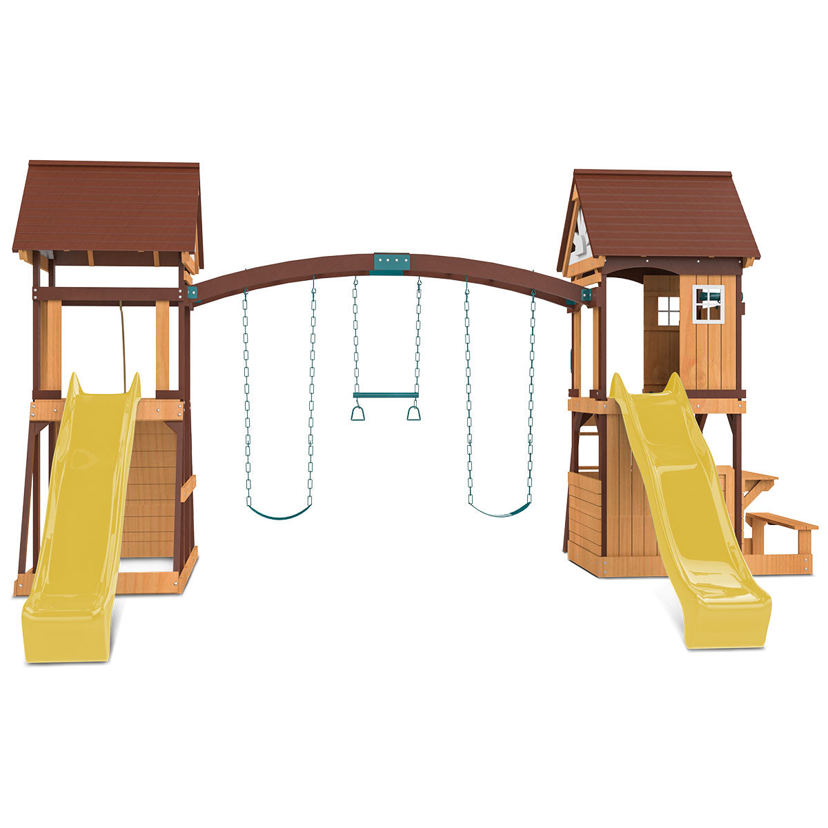 Backyard playset with dual yellow slides and two raised playhouses