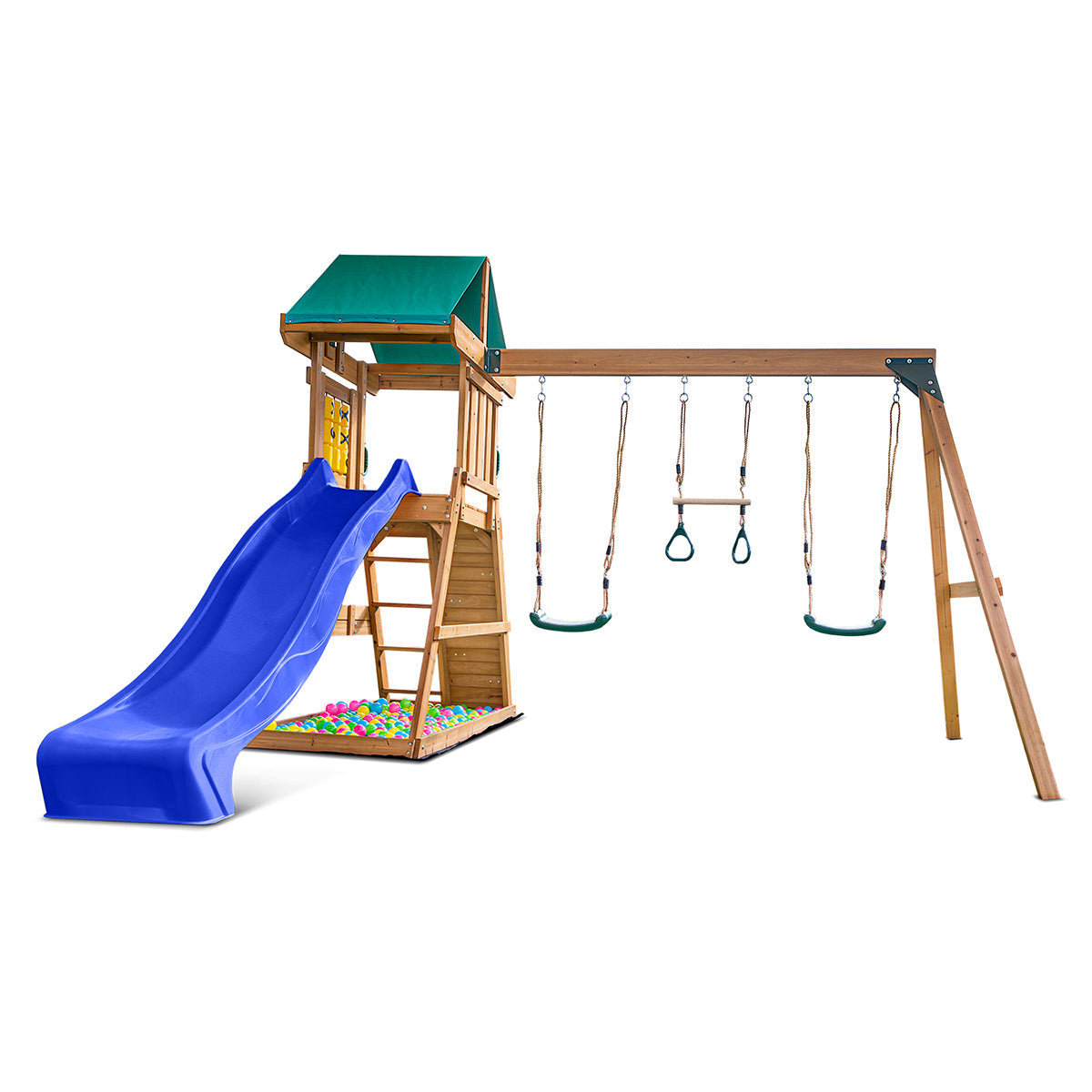 Birmingham outdoor play set featuring swings and slide for childrens backyard entertainment and exercise.