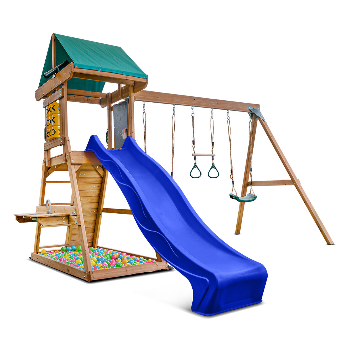 Birmingham outdoor play set featuring swings and a blue slide for active childrens entertainment.