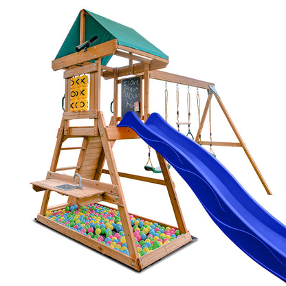 Birmingham outdoor playground featuring swings and blue slide for childrens backyard fun and exercise.