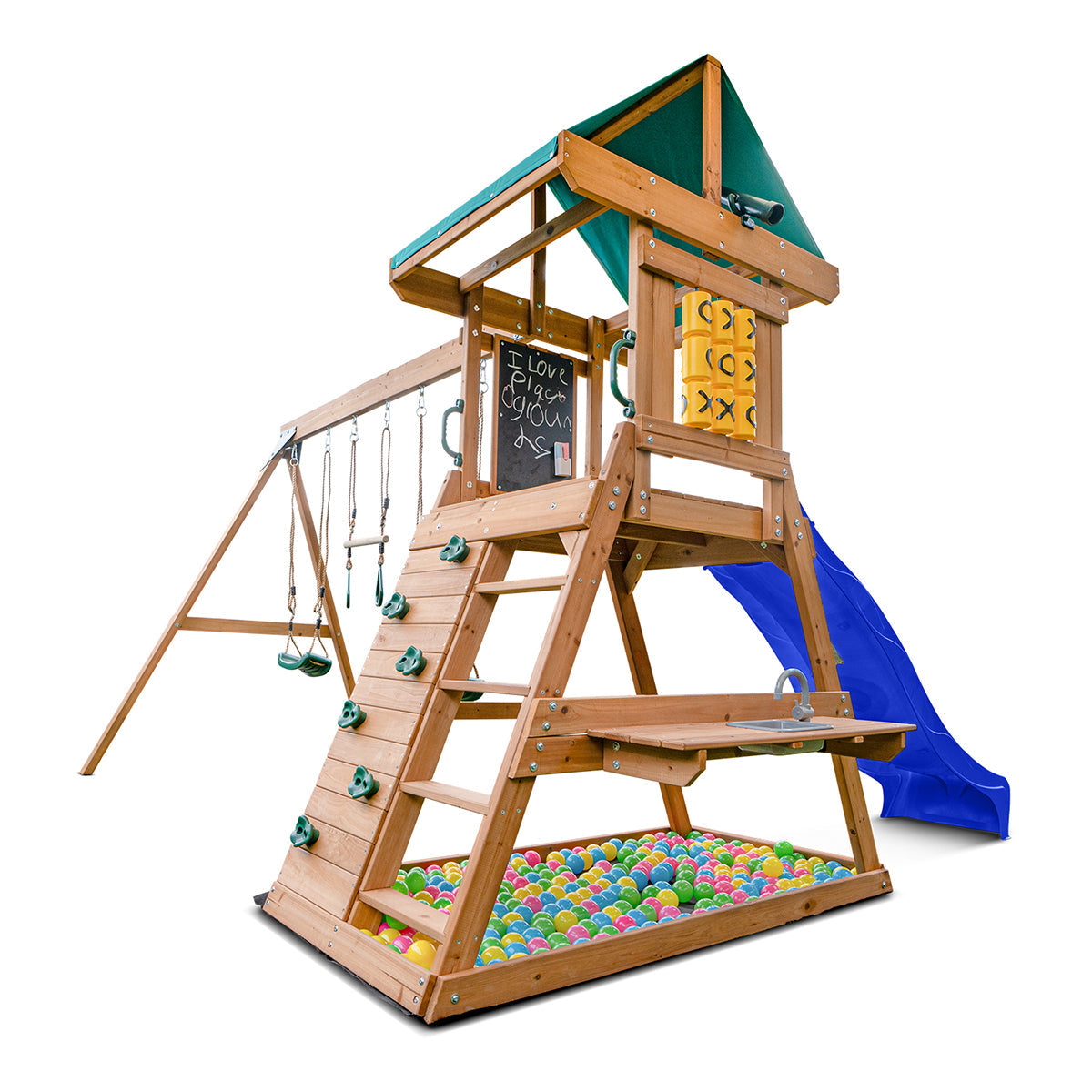 Birmingham outdoor playground featuring a blue swing set and slide for childrens active entertainment.