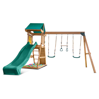 Backyard playset with triple swing beam, green slide and climbing activities