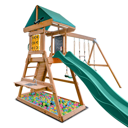 Outdoor playhouse with swings and slide perfect for kids