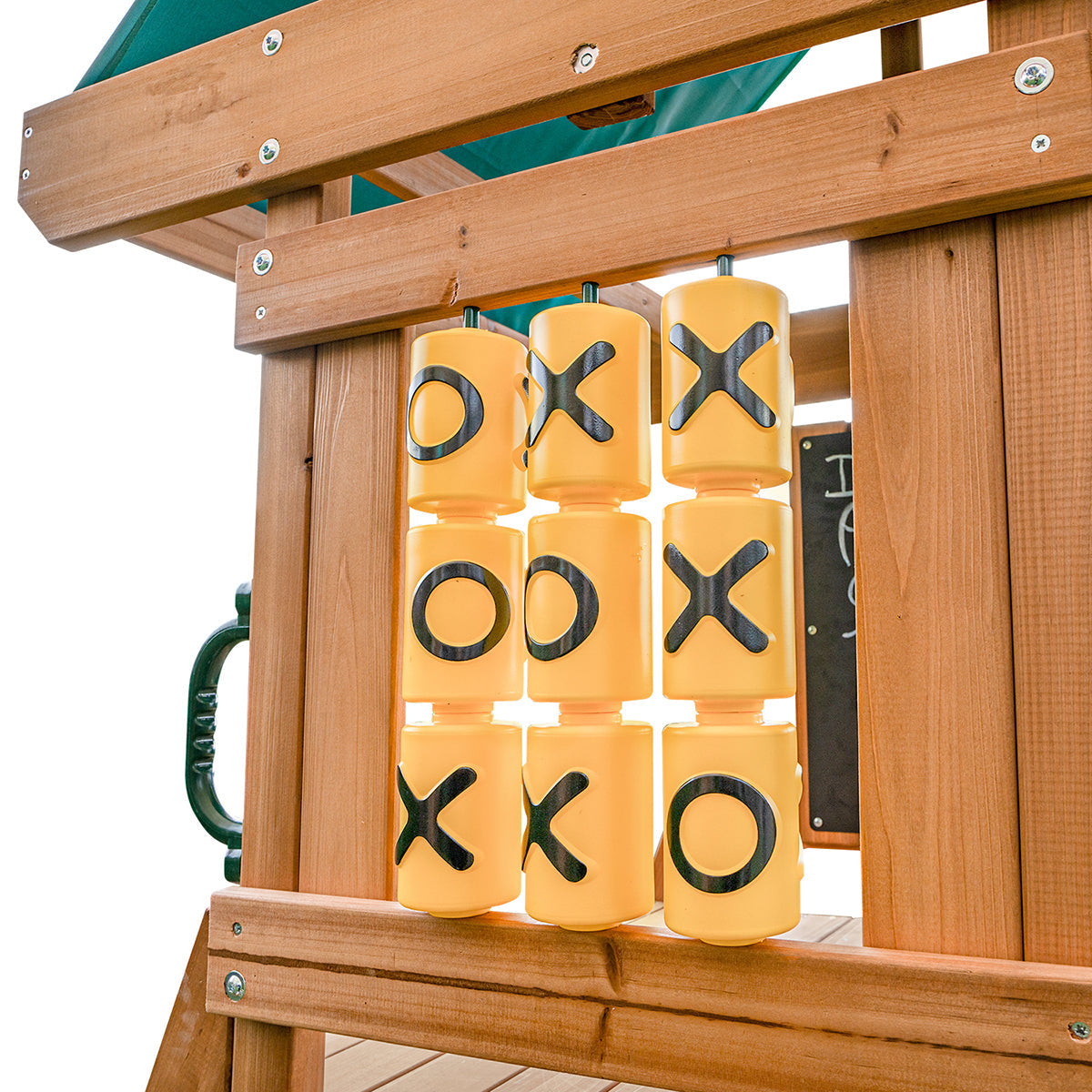 Outdoor playhouse with naughts and crosses and green slide perfect for kids