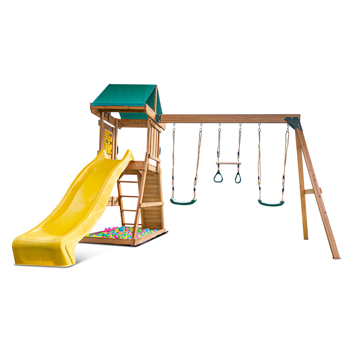 Outdoor playset with swings and climbing wall in backyard