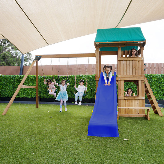 Backyard playset featuring 2.2m blue wavy slide on Carindale Play Centre