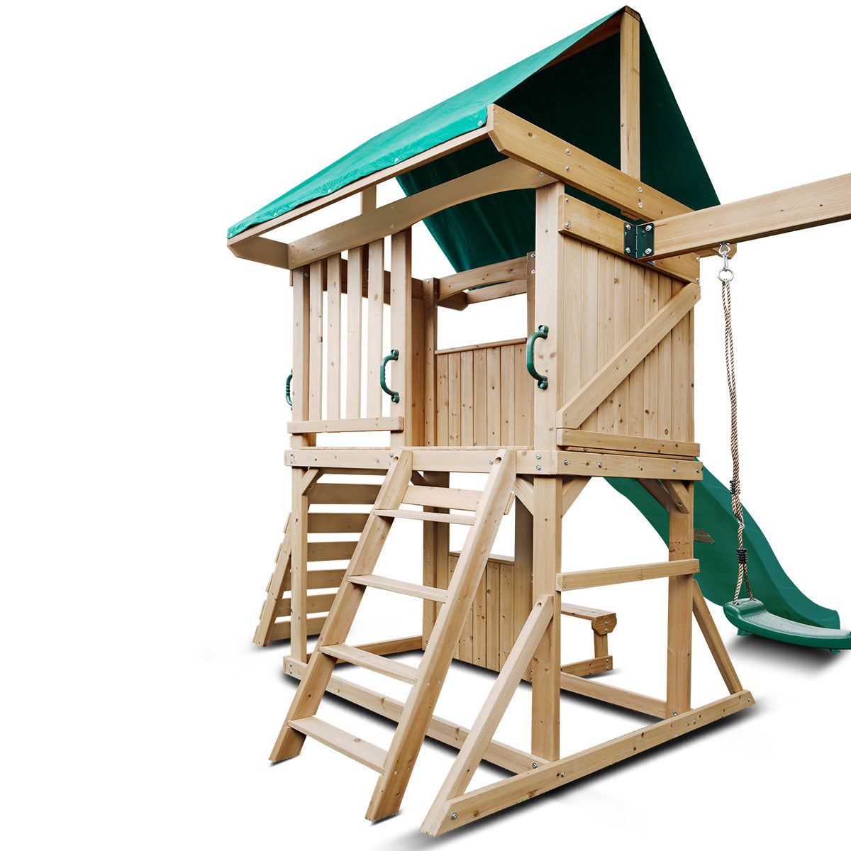 backyard playground featuring swings and a green slide for active outdoor fun and adventure.