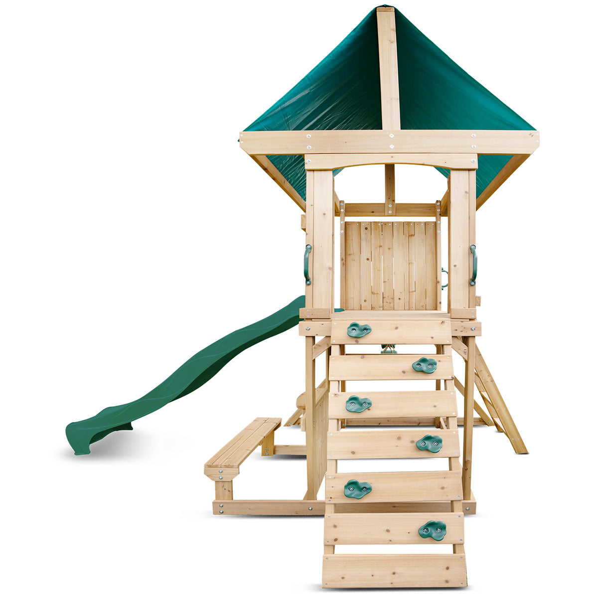 outdoor playground set featuring swings and a green slide for active childrens entertainment and exercise.