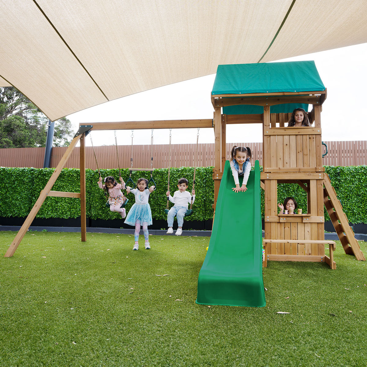 Carindale Play Centre set with 2.2m green wavy slide and trapeze bar