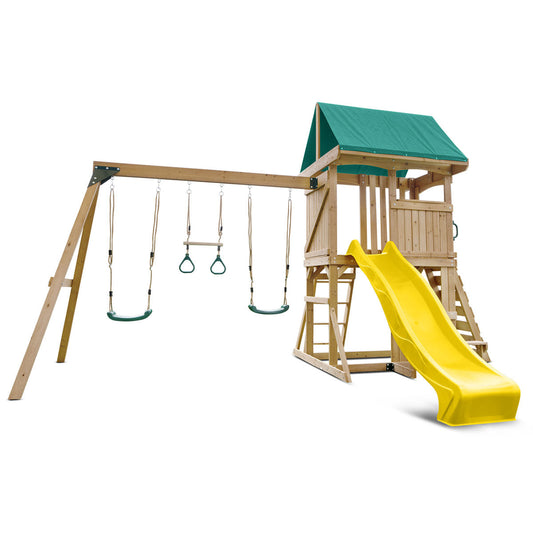 Outdoor playground set featuring swings and a yellow slide for active backyard fun and adventure.