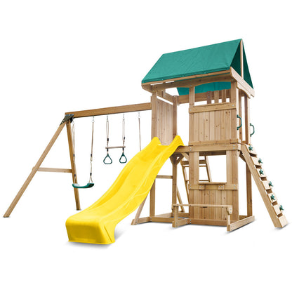 backyard playground featuring swings and a yellow slide for outdoor fun and exercise.